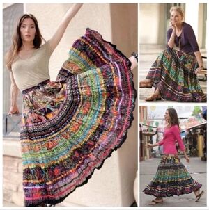 TravelSmith Fiesta Pagana Maxi Skirt Tiered Crinkled Floral Pull On w/ Bag M